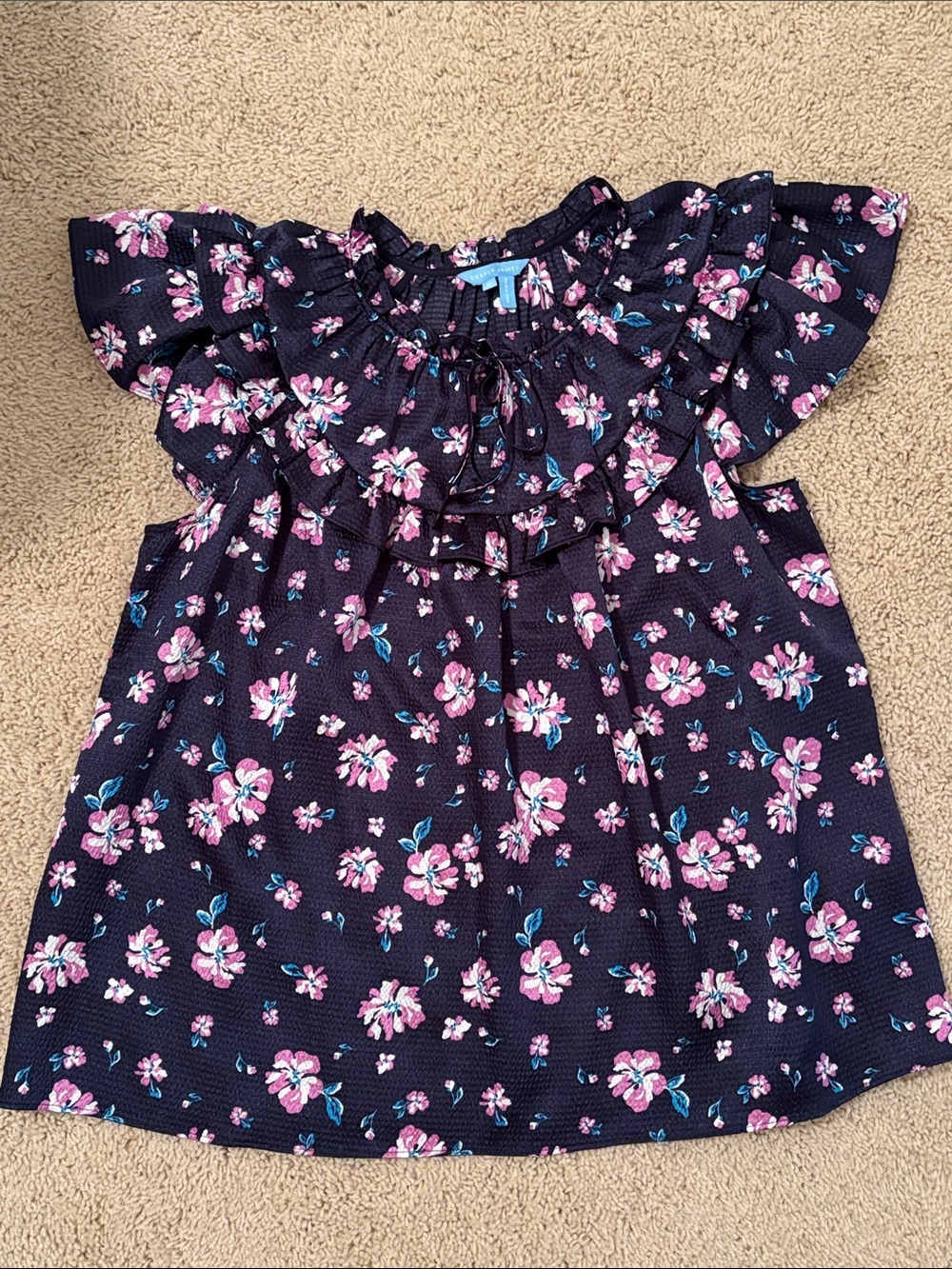 Draper James Navy Floral Ruffle Top with Pink & Blue Blooms L